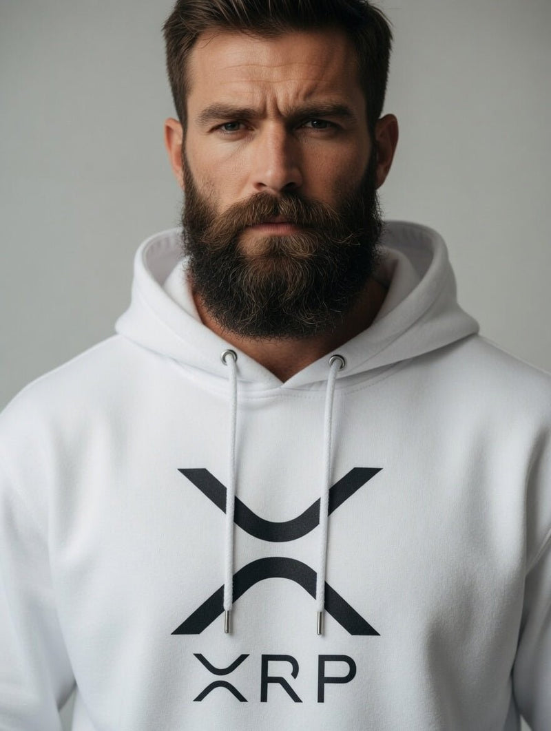 White logo pullover hoodie with front XRP graphic, close-up on model