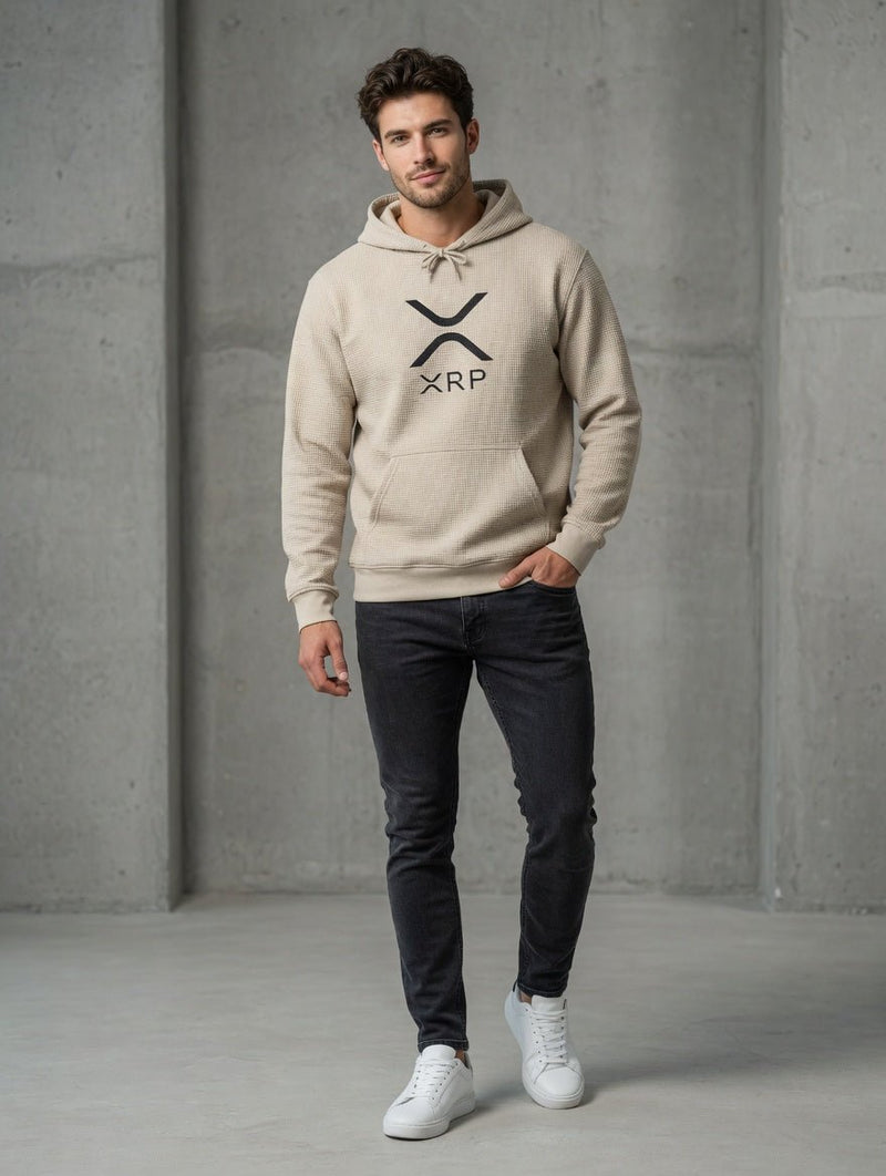 Beige hoodie with XRP logo, front pocket and drawstring hood.