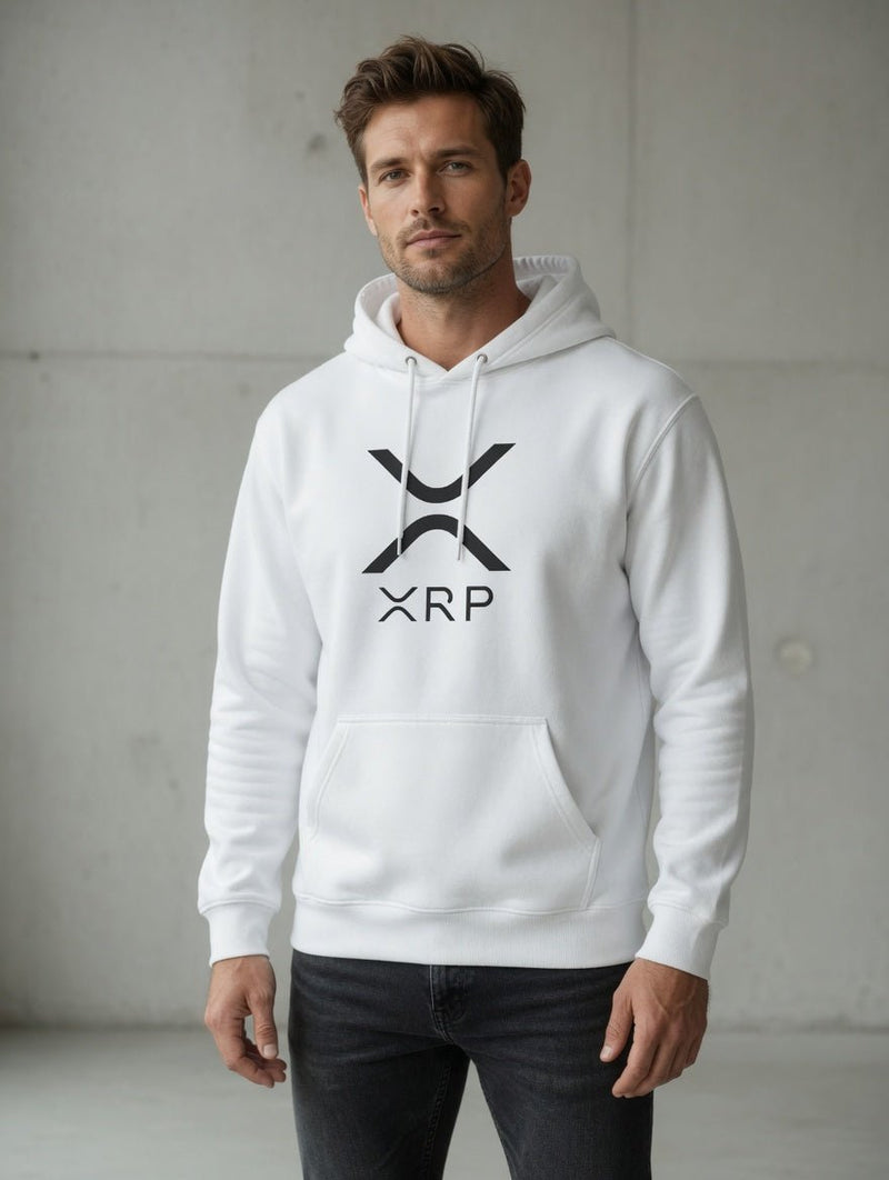 White hoodie with XRP logo, front pocket and drawstring hood.