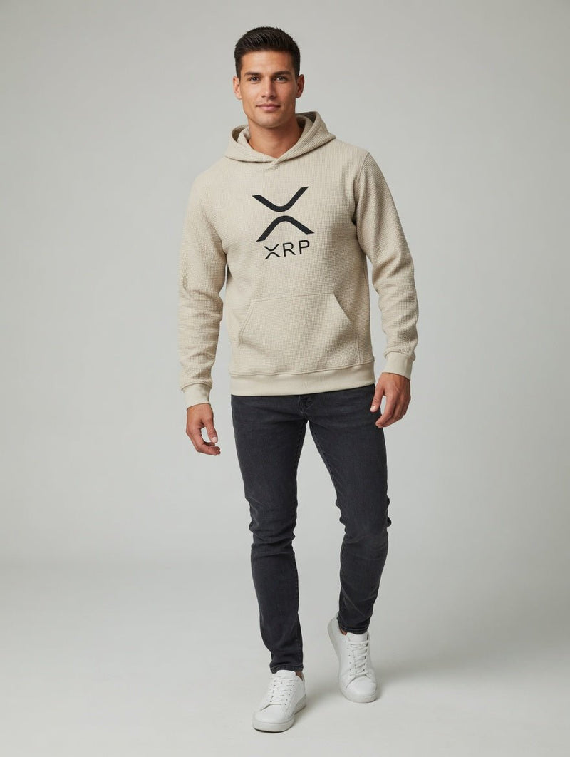 Beige pullover hoodie with XRP logo at chest, front pocket.