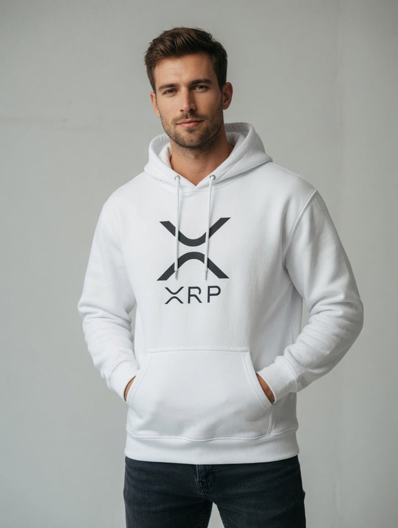 White logo pullover hoodie with front XRP graphic on model