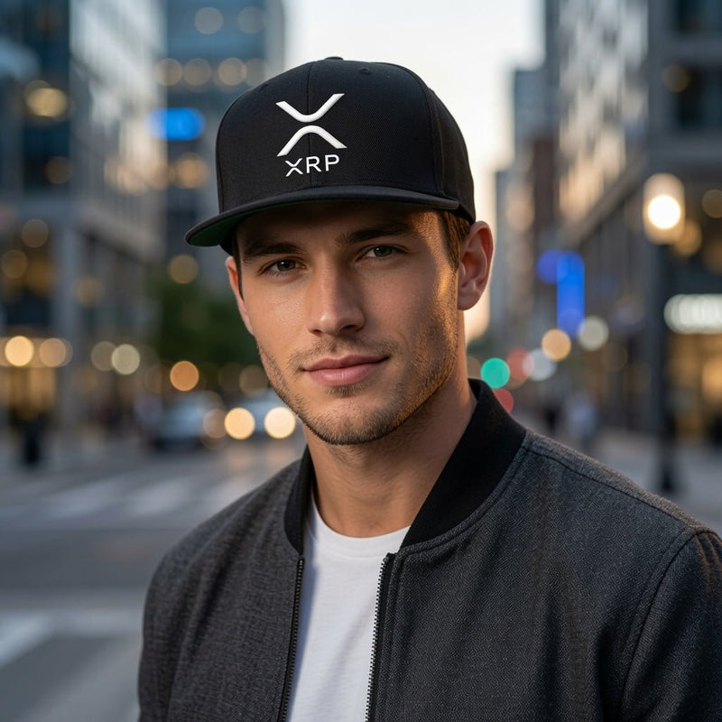 Snapback baseball cap with flat brim, dark charcoal, white XRP logo