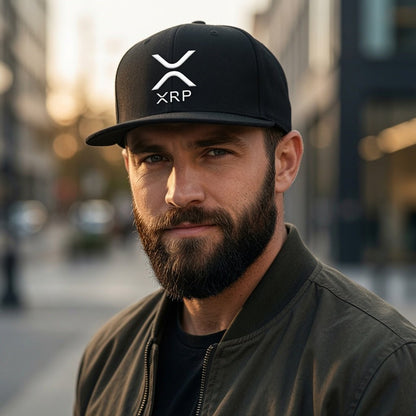 Snapback baseball cap with flat brim, black, white XRP logo