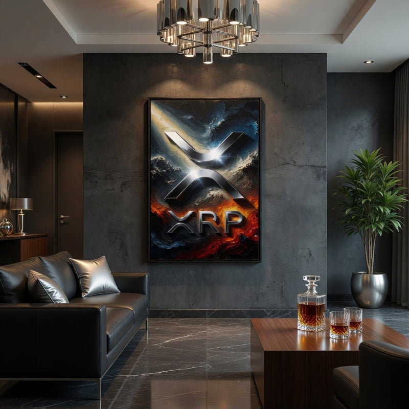 Framed XRP logo matte canvas wall print, dark abstract X with red glow