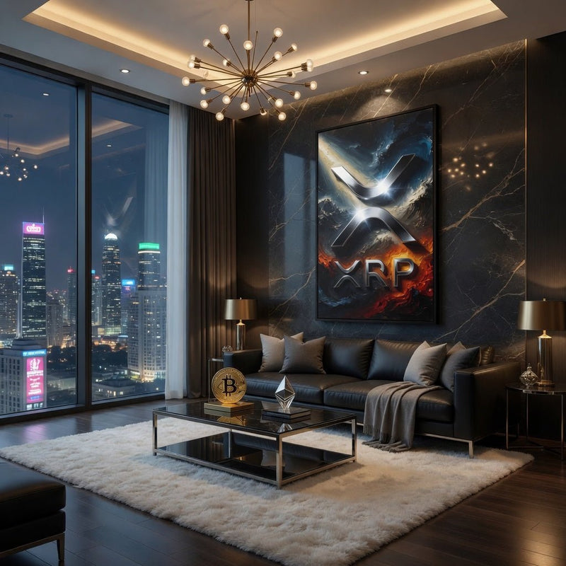 Framed XRP logo matte canvas wall print, black abstract with gold X motif