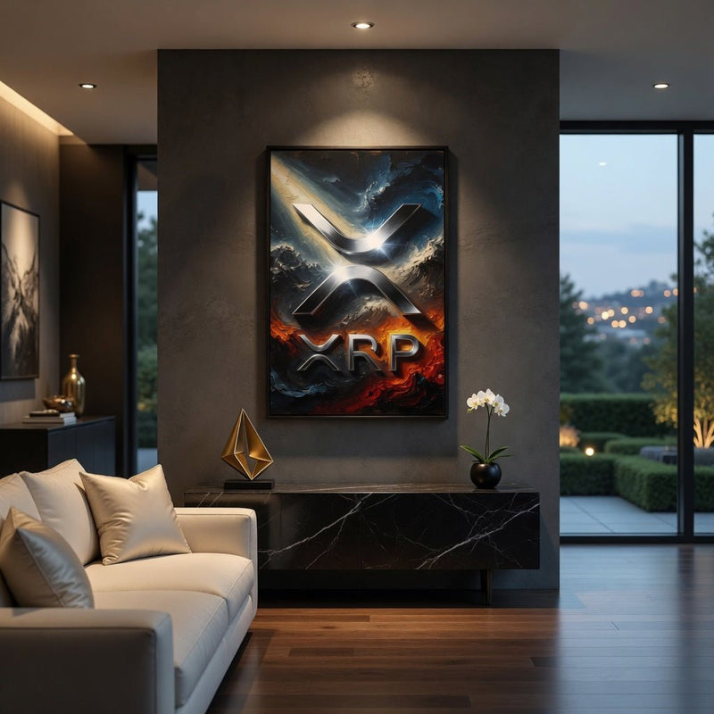 Framed XRP logo canvas print with metallic X symbol and glowing orange XRP letters