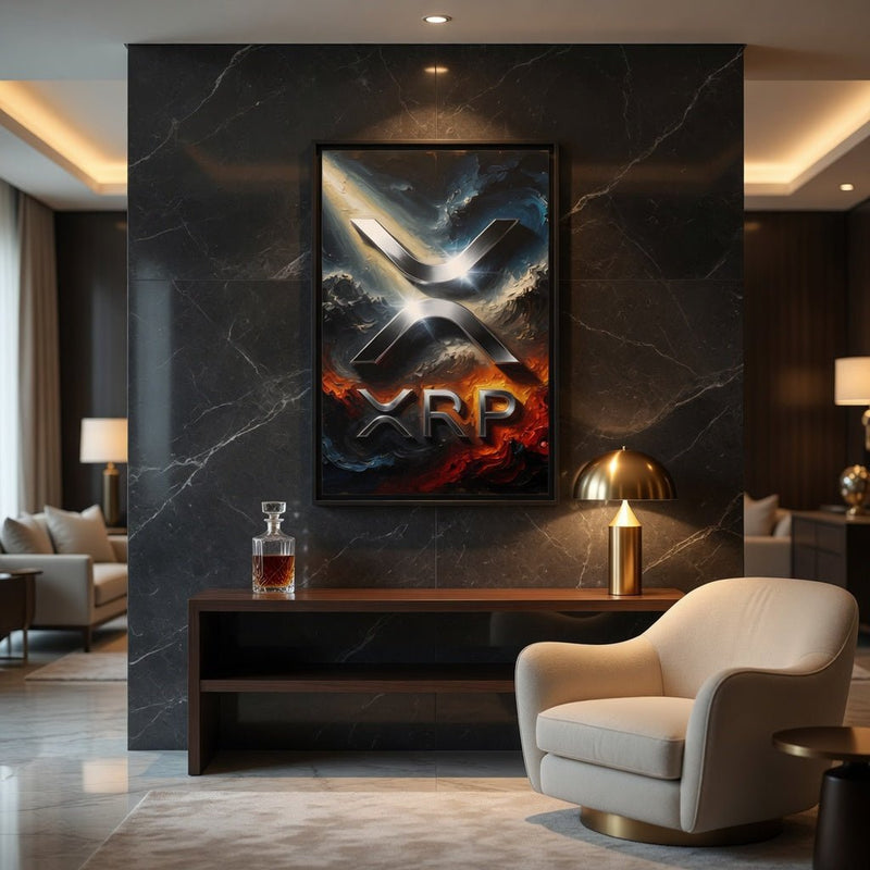 Framed XRP logo canvas print with metallic X graphic and glowing orange XRP lettering