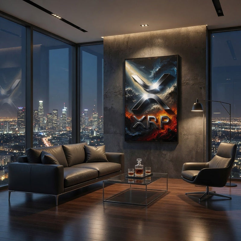 Framed XRP logo canvas print featuring a metallic X and bright orange XRP text