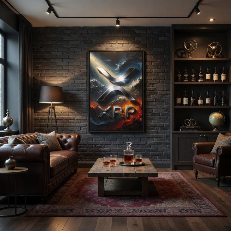 Framed XRP logo canvas print with metallic X symbol and glowing orange XRP letters