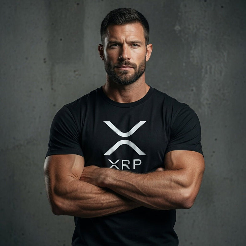 Black crewneck T-shirt with white XRP logo, model with arms crossed
