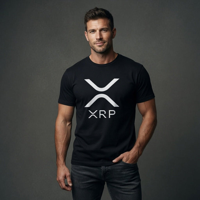 Black crewneck T-shirt featuring a white XRP logo emblem on the chest