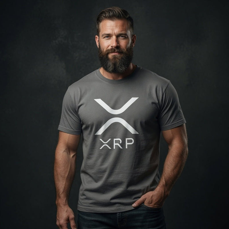 Gray crewneck T-shirt with white X-shaped XRP logo on the chest