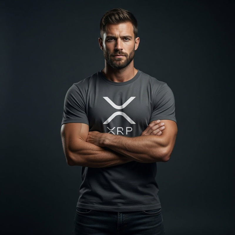 Charcoal crewneck T-shirt with white XRP logo emblem on the chest