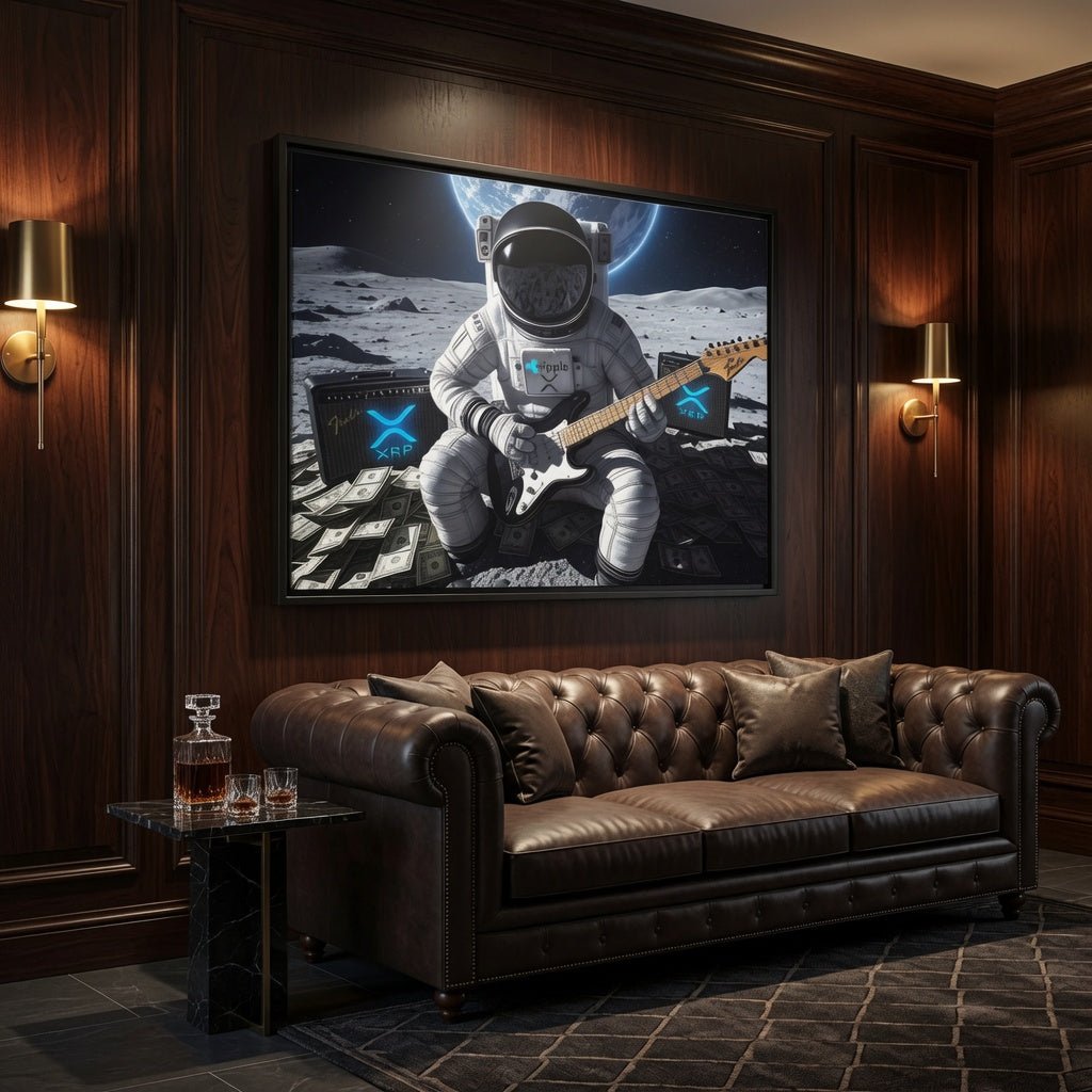 Framed wall art: astronaut in space suit playing an electric guitar, black border frame