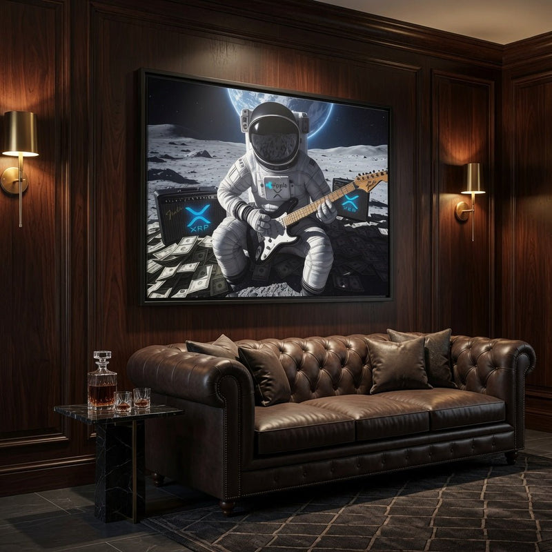 Framed wall art: astronaut in space suit playing an electric guitar, black border frame