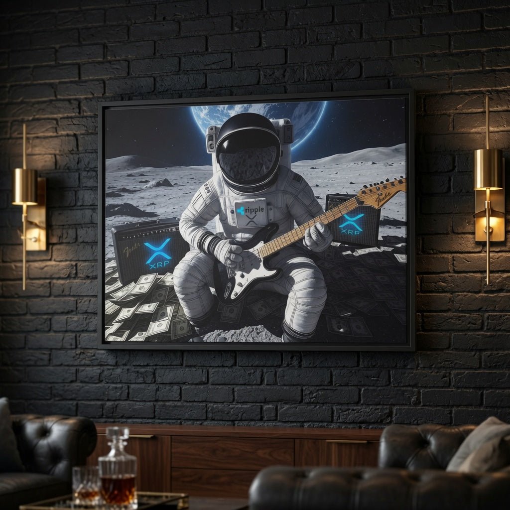 Framed wall art with helmeted astronaut playing electric guitar in a lunar space scene