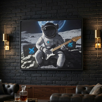 Framed wall art with helmeted astronaut playing electric guitar in a lunar space scene