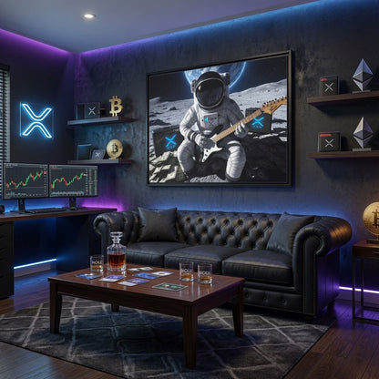 Framed wall art featuring helmeted astronaut playing electric guitar in space