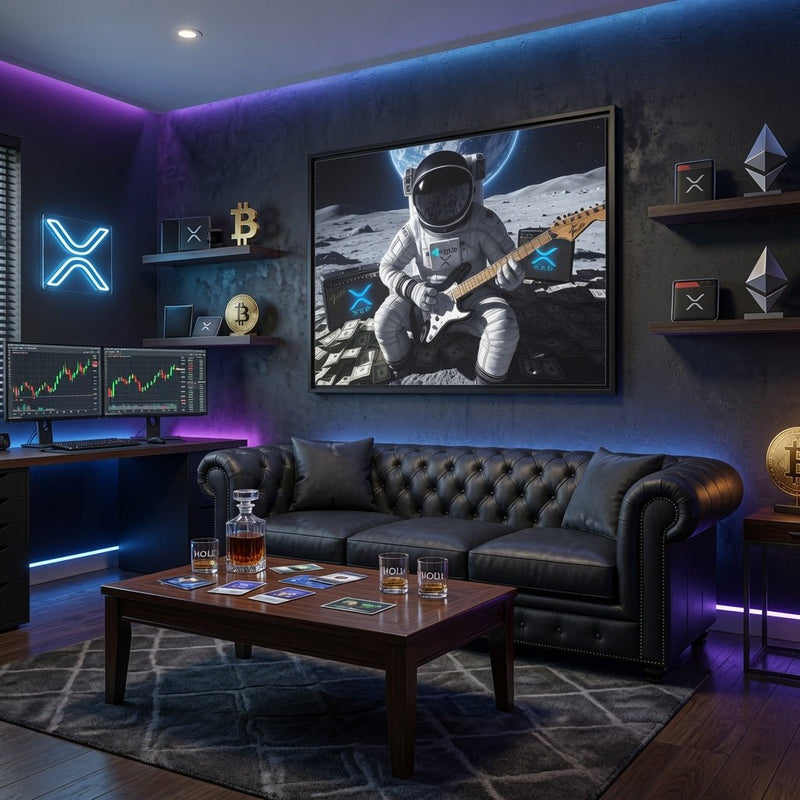 Framed wall art featuring helmeted astronaut playing electric guitar in space
