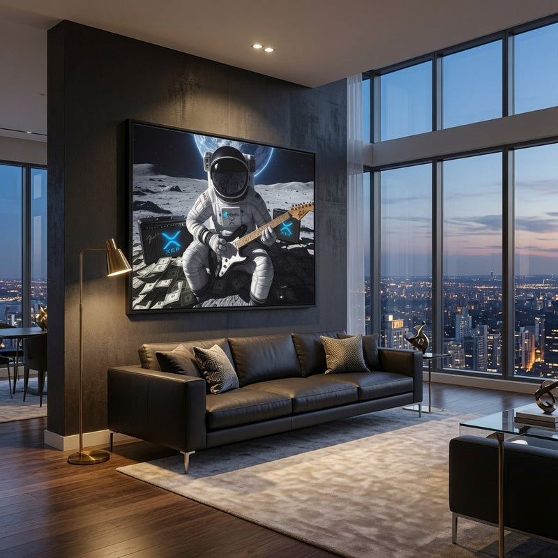 Framed wall art of an astronaut in a helmet playing electric guitar in outer space