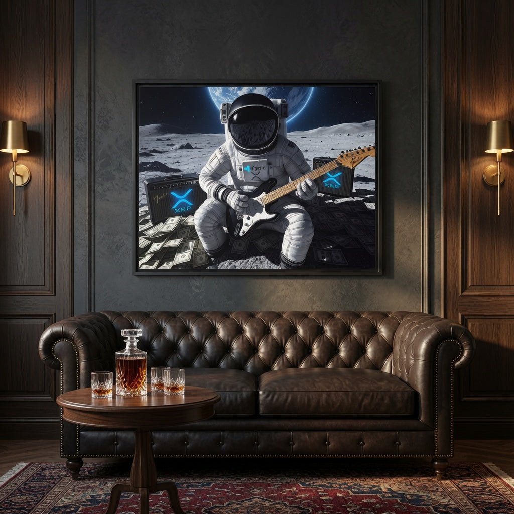 Framed wall art with helmeted astronaut playing electric guitar on a lunar landscape