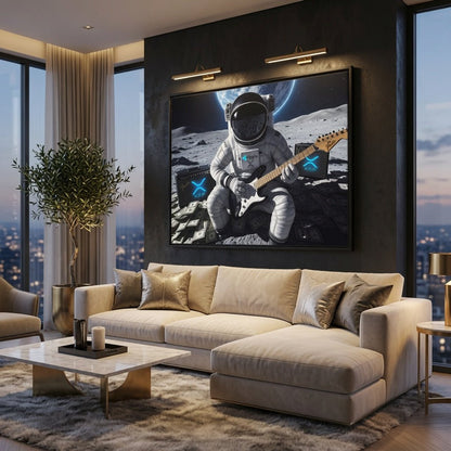 Framed wall art showing helmeted astronaut strumming an electric guitar in space