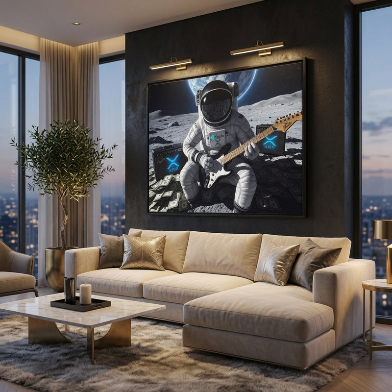 Framed wall art showing helmeted astronaut strumming an electric guitar in space