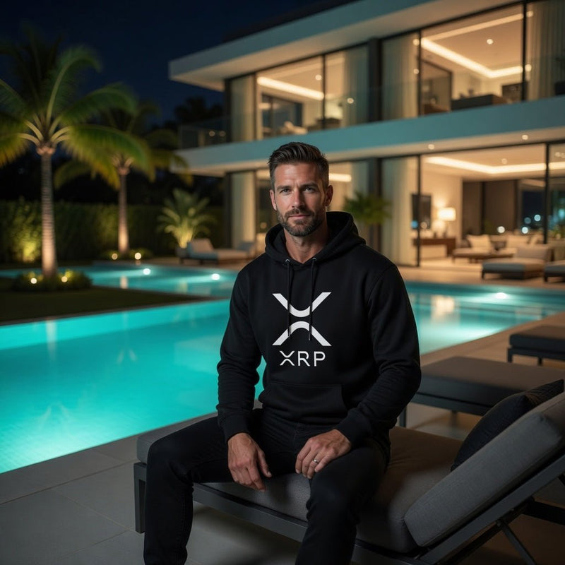 Black pullover hoodie with hood and white XRP logo, worn by a man near a pool