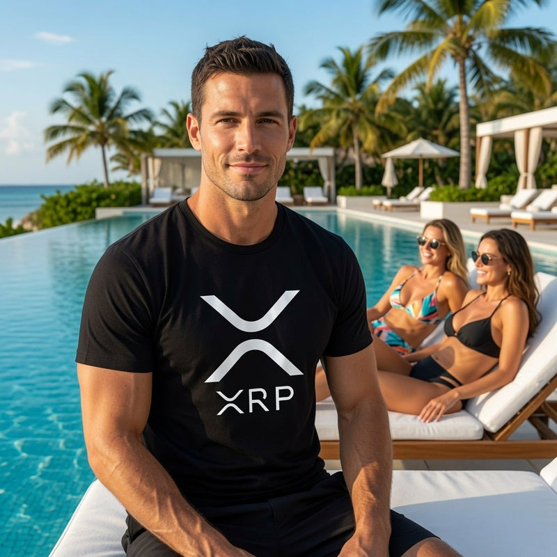 Black crewneck T-shirt with large white XRP logo emblem on the chest