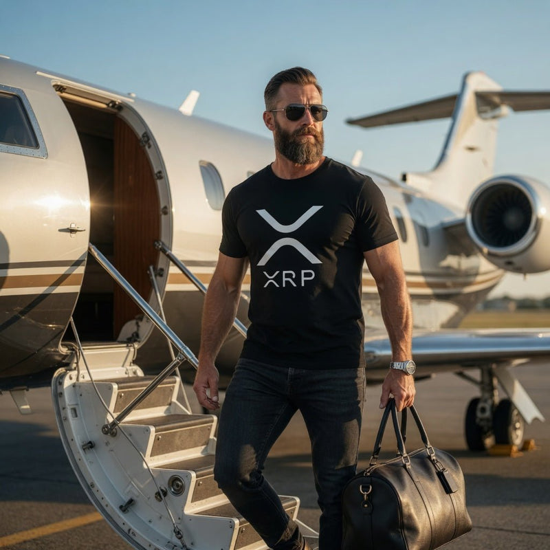 Black crewneck T-shirt with white XRP logo emblem on the chest