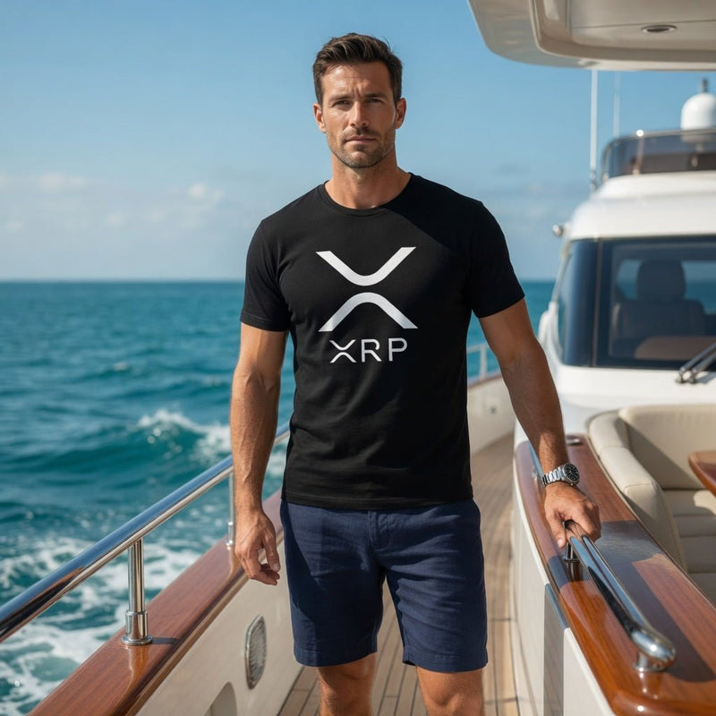 Black crewneck T-shirt with white XRP logo emblem on the chest