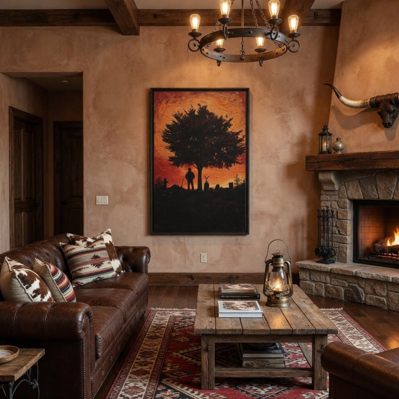 Framed matte canvas wall art featuring silhouetted tree and cowboy against sunset