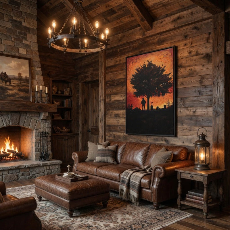 Framed matte canvas wall art with black frame and silhouetted tree in orange sunset sky.