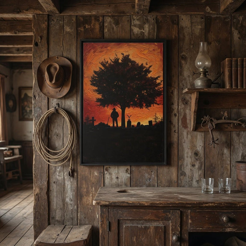 Framed matte canvas wall art with black frame and silhouetted tree at orange sunset.