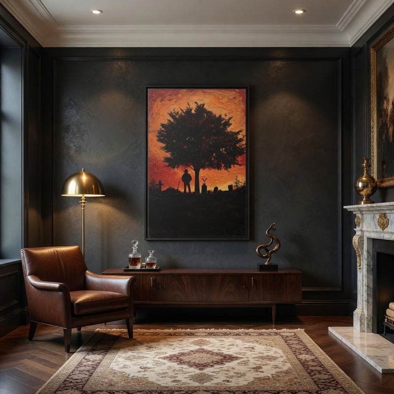 Black framed matte canvas wall art with silhouetted tree and cowboy in orange sky