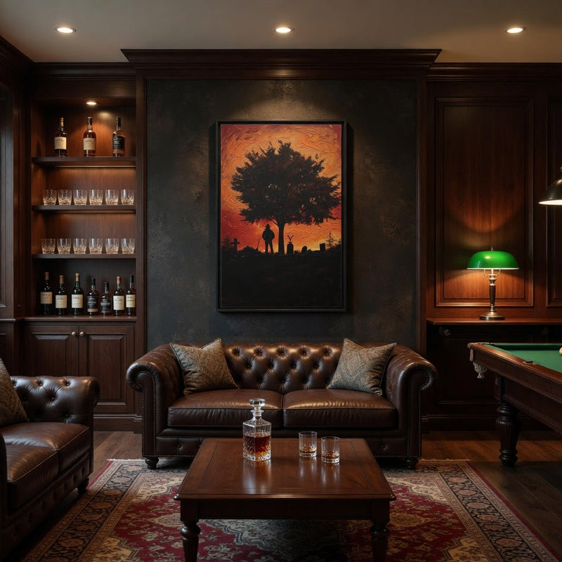 Framed matte canvas wall art centered on silhouetted tree and sunset silhouettes