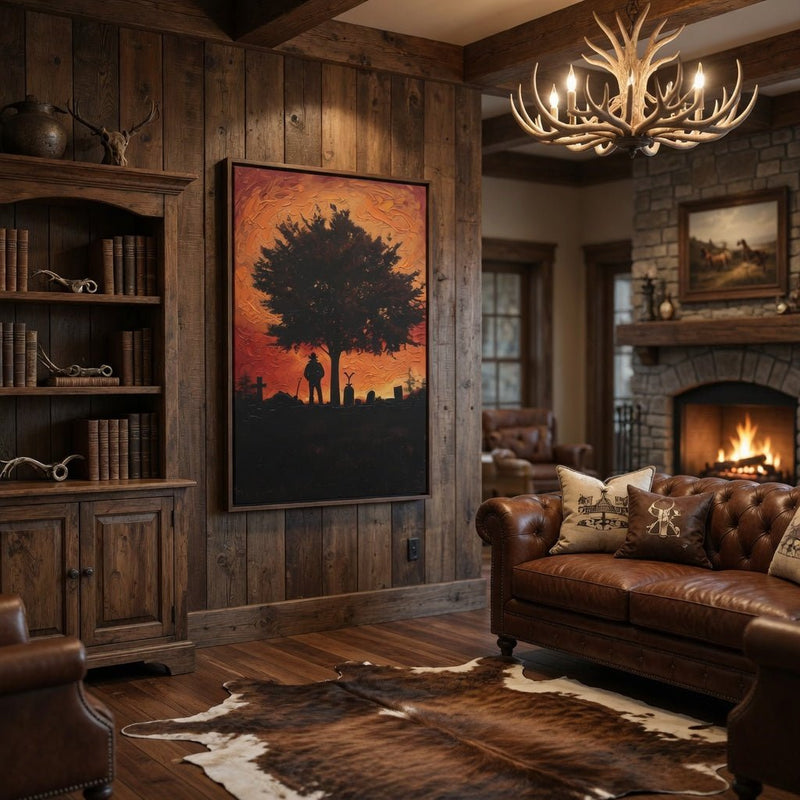 Framed matte canvas wall art with large silhouetted tree over orange sunset