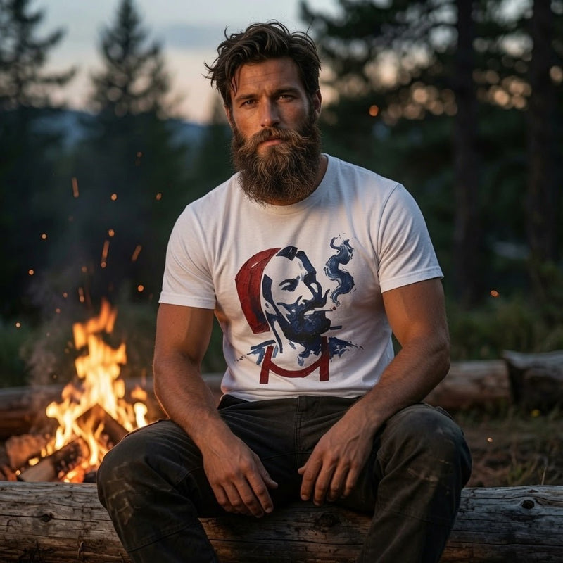 White T-shirt with retro smoker portrait graphic in red, blue, and dark navy