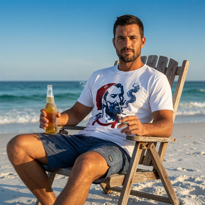 White vintage nautical graphic T-shirt with sailor portrait on front