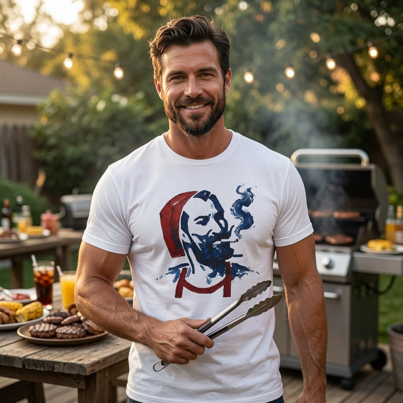 White front T-shirt with smoker portrait graphic in red and blue