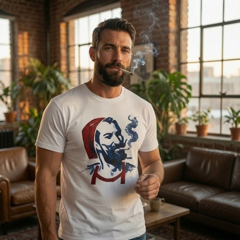 White T-shirt with smoker portrait graphic in red and blue, crew neck