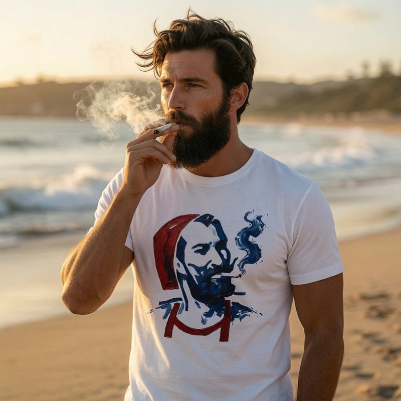White T-shirt with smoker portrait graphic in red and blue, short-sleeve crew neck