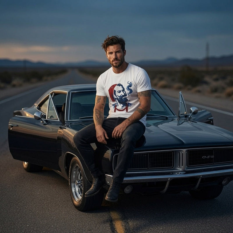 White T-shirt with retro smoker portrait graphic in red and blue on chest