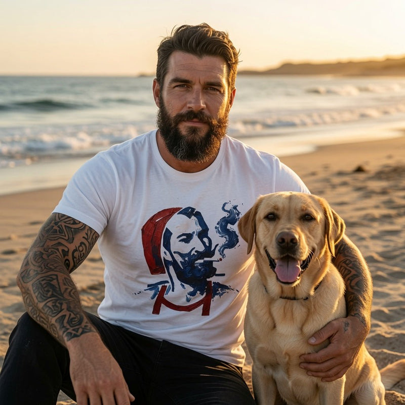 White T-shirt featuring smoker portrait graphic in red and blue on the chest